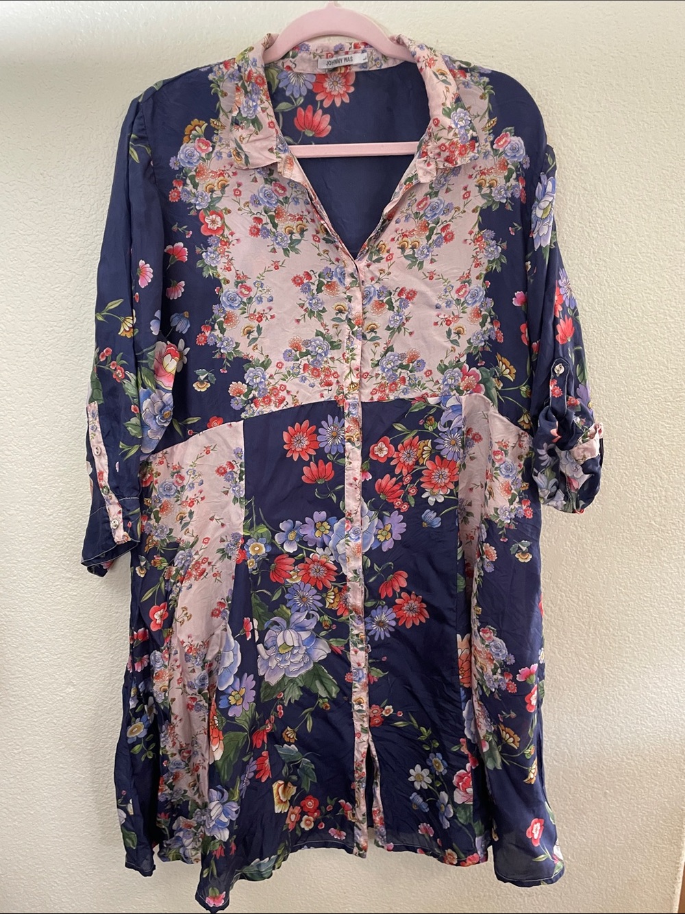 Johnny Was 100% silk Navy Pink Floral Patchwork Button-Up Tunic Dress L 22x38